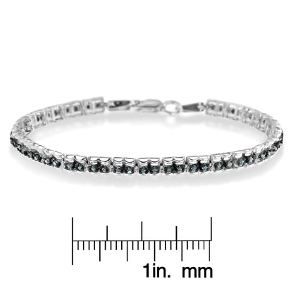 Black Rhodium over .925 Sterling Silver 1.0 Cttw Rose Cut Diamond Double-Link 7&quot; Tennis Bracelet (Blue Color, I1-I2 Clarity)