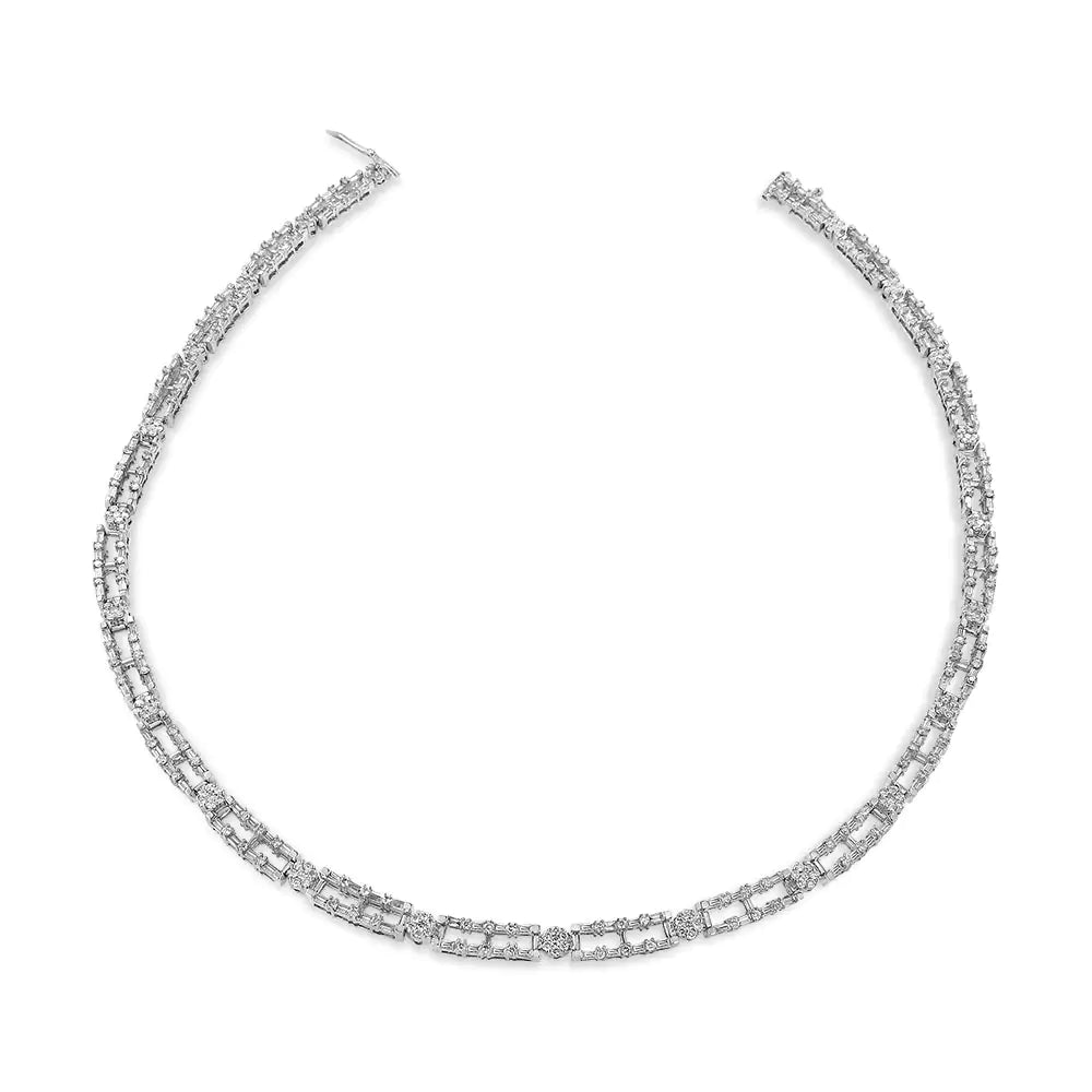 AGS Certified 14K White Gold 8 1/2 Cttw Diamond Alternating Bar and Floral Cluster Link 18&quot; Choker Necklace (G-H Color, SI2-I1 Clarity)