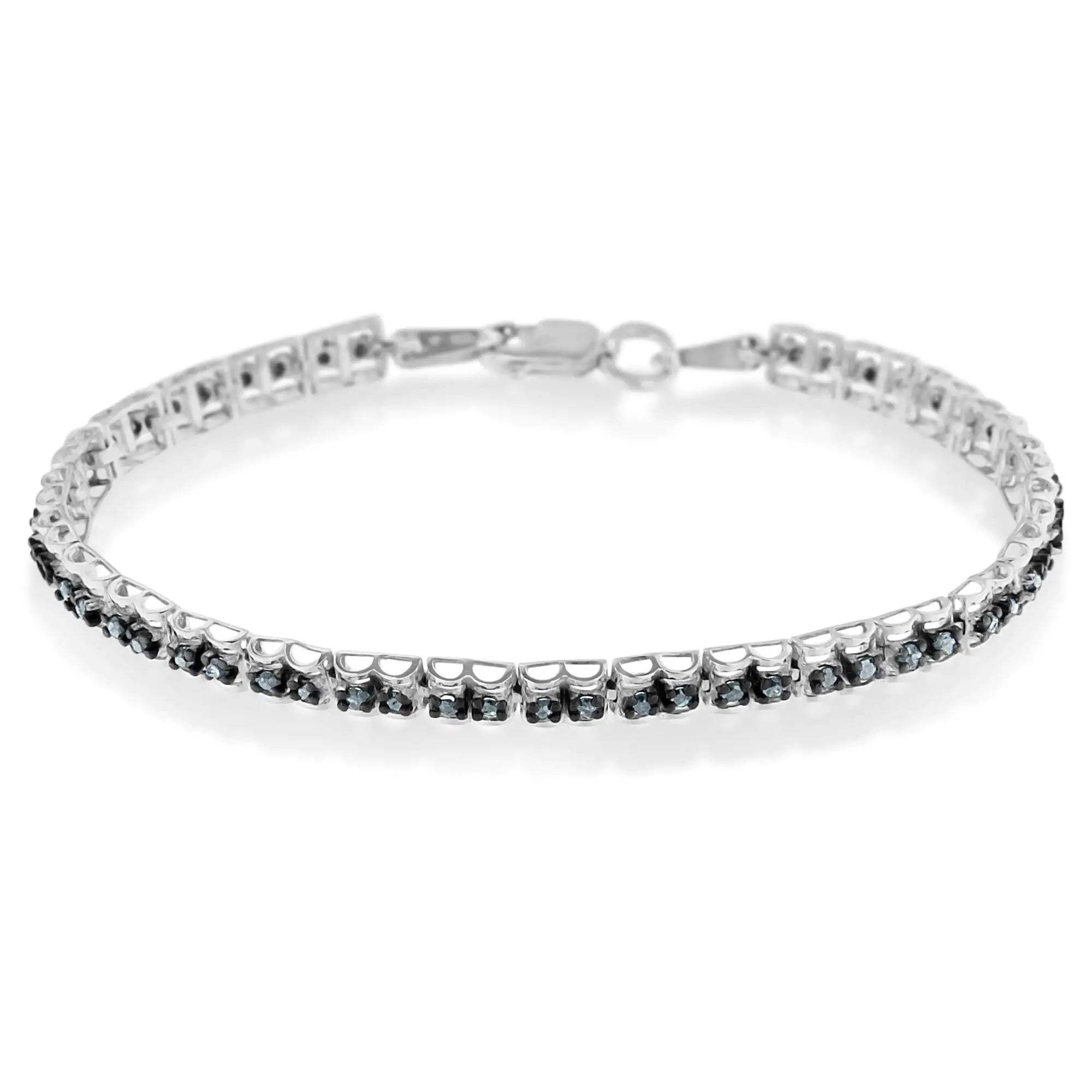 Black Rhodium over .925 Sterling Silver 1.0 Cttw Rose Cut Diamond Double-Link 7&quot; Tennis Bracelet (Blue Color, I1-I2 Clarity)