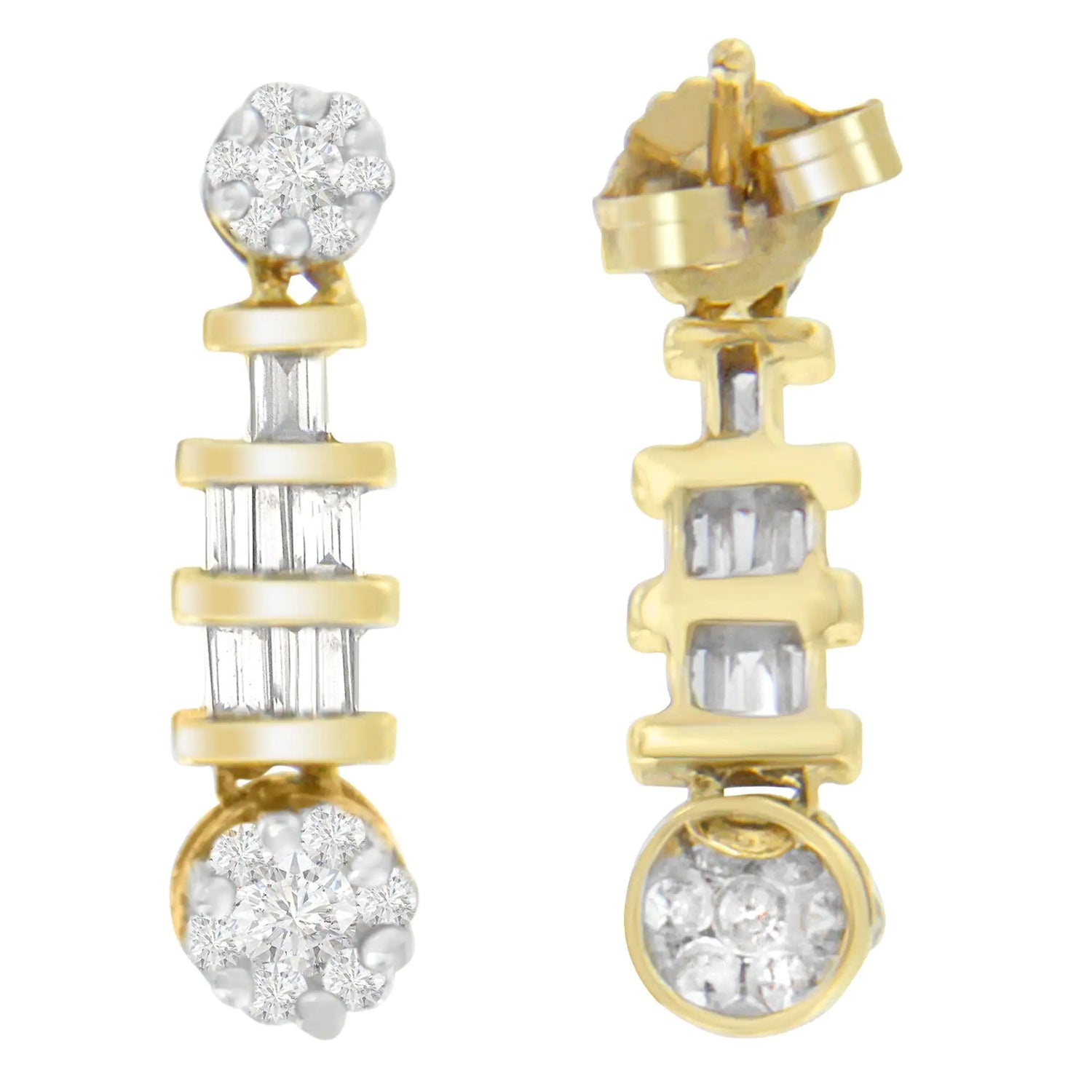 14K Yellow Gold 3/4ct. TDW Round and Baguette-cut Diamond Earrings(H-I,SI1-SI2)