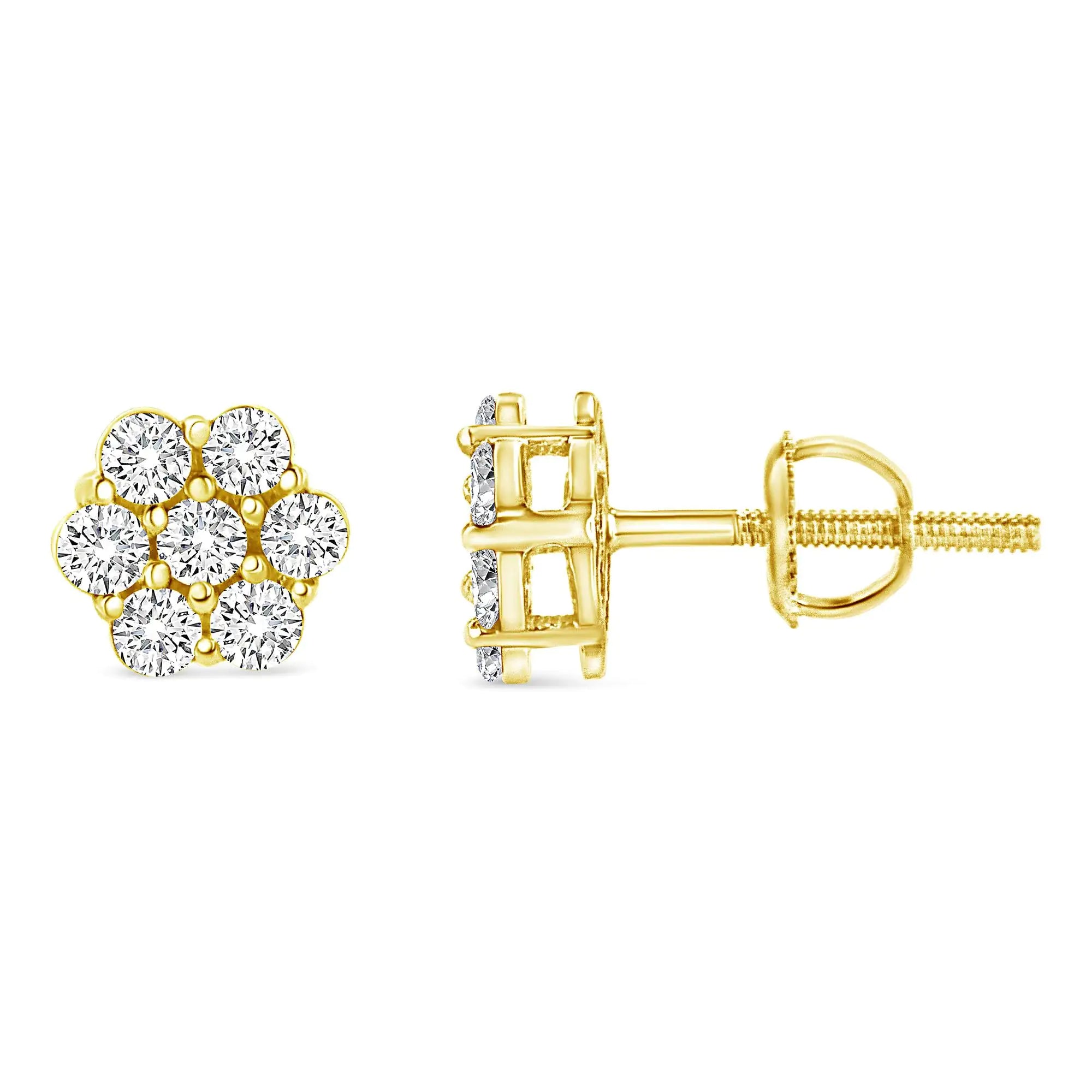 14K Yellow Gold 1/2 Cttw Round Brilliant Cut Diamond Floral Cluster Screwback Stud Earrings (I-J Color, SI2-I1 Clarity)