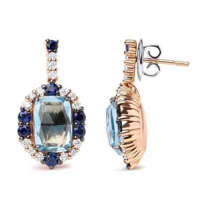 18K White and Rose Gold and 3/4 Cttw Diamond with Round Blue Sapphire and 13x8mm Cushion Cut Sky Blue Topaz Gemstone Cluster Dangle Earrings (G-H Color, SI1-SI2 Clarity)