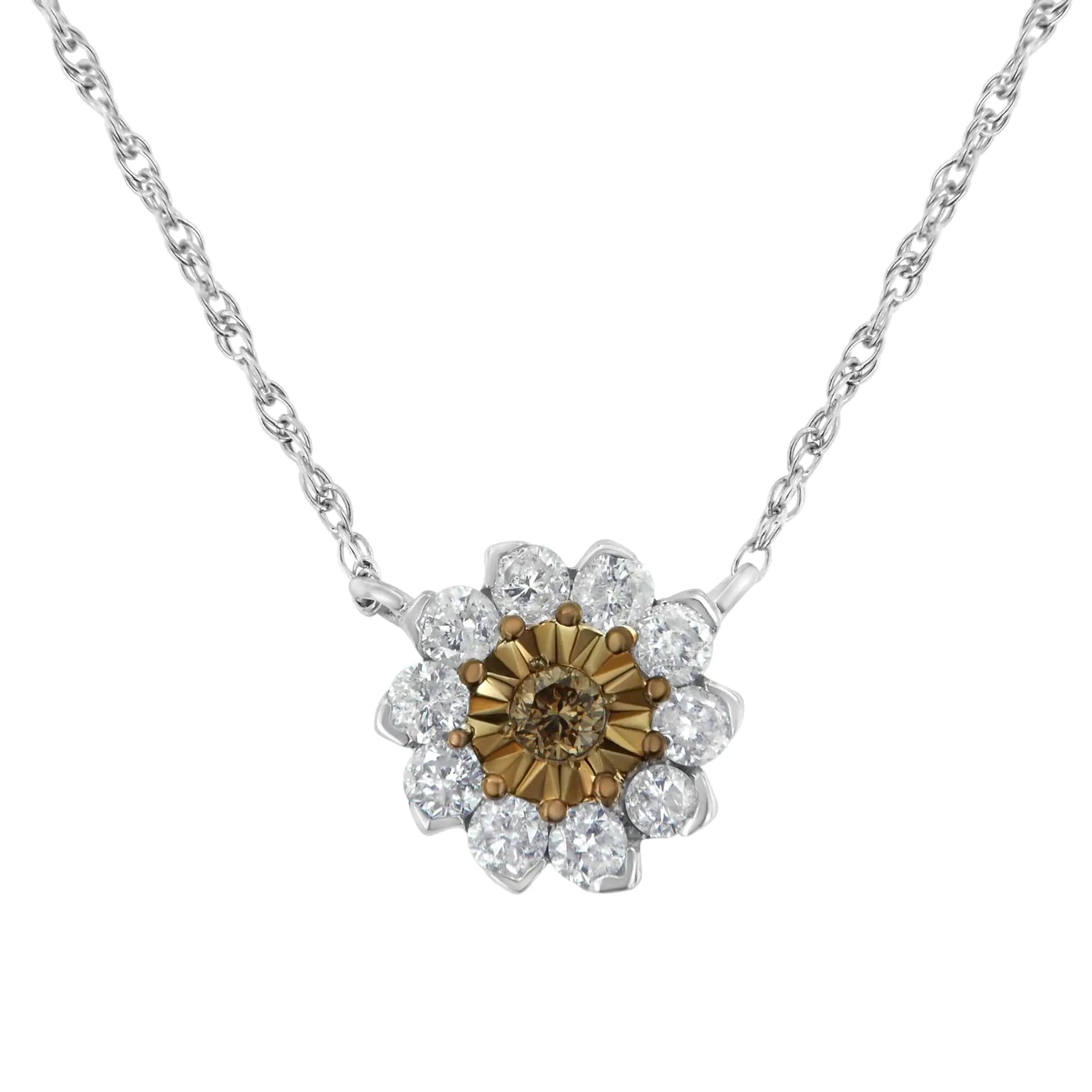 Brown Rhodium over .925 Sterling Silver 1/2 Cttw Diamond Miracle Plate Flower Cluster 18&quot; Pendant Necklace (Champagne and I-J Color, I1-I2 Clarity)