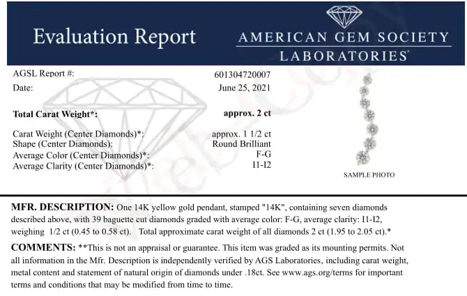 AGS Certified 14K Yellow Gold 2.0 Cttw Baguette and Brilliant Round-Cut Diamond Journey 18&quot; Pendant Necklace (F-G Color, I1-I2 Clarity)