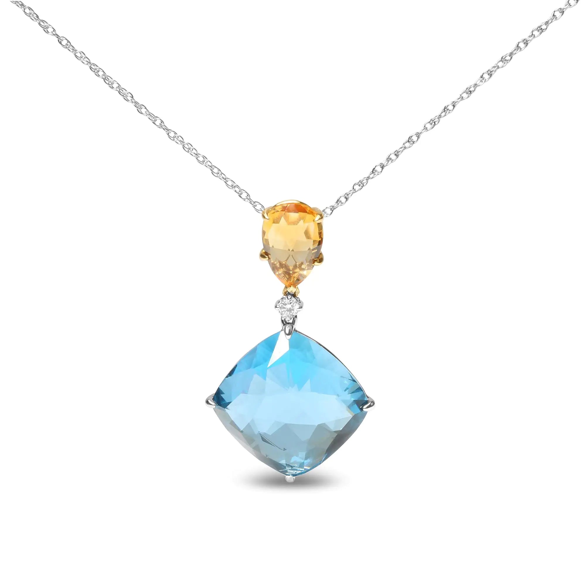 18K White and Yellow Gold Diamond Accent and Yellow Citrine and Sky Blue Topaz Gemstone Dangle Drop 18&quot; Pendant Necklace (G-H Color, SI1-SI2 Clarity)