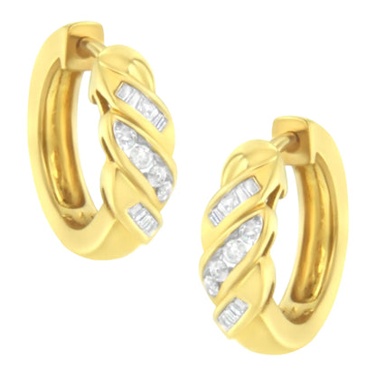 14K Yellow Gold 1/4 ct TDW Alternating 3 Row Baguette &amp; Round Brilliant-Cut Diamond Huggy Hoop Earrings (H-I, I2-I3)