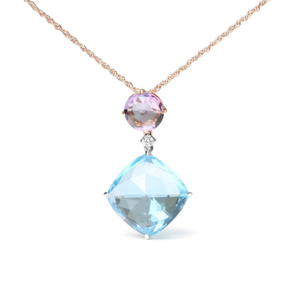 18K White and Rose Gold Round Diamond Accent and Round Rose De France Pink Amethyst and Cushion Cut Sky Blue Topaz Dangle Drop 18&quot; Pendant Necklace (G-H Color, SI1-SI2 Clarity)