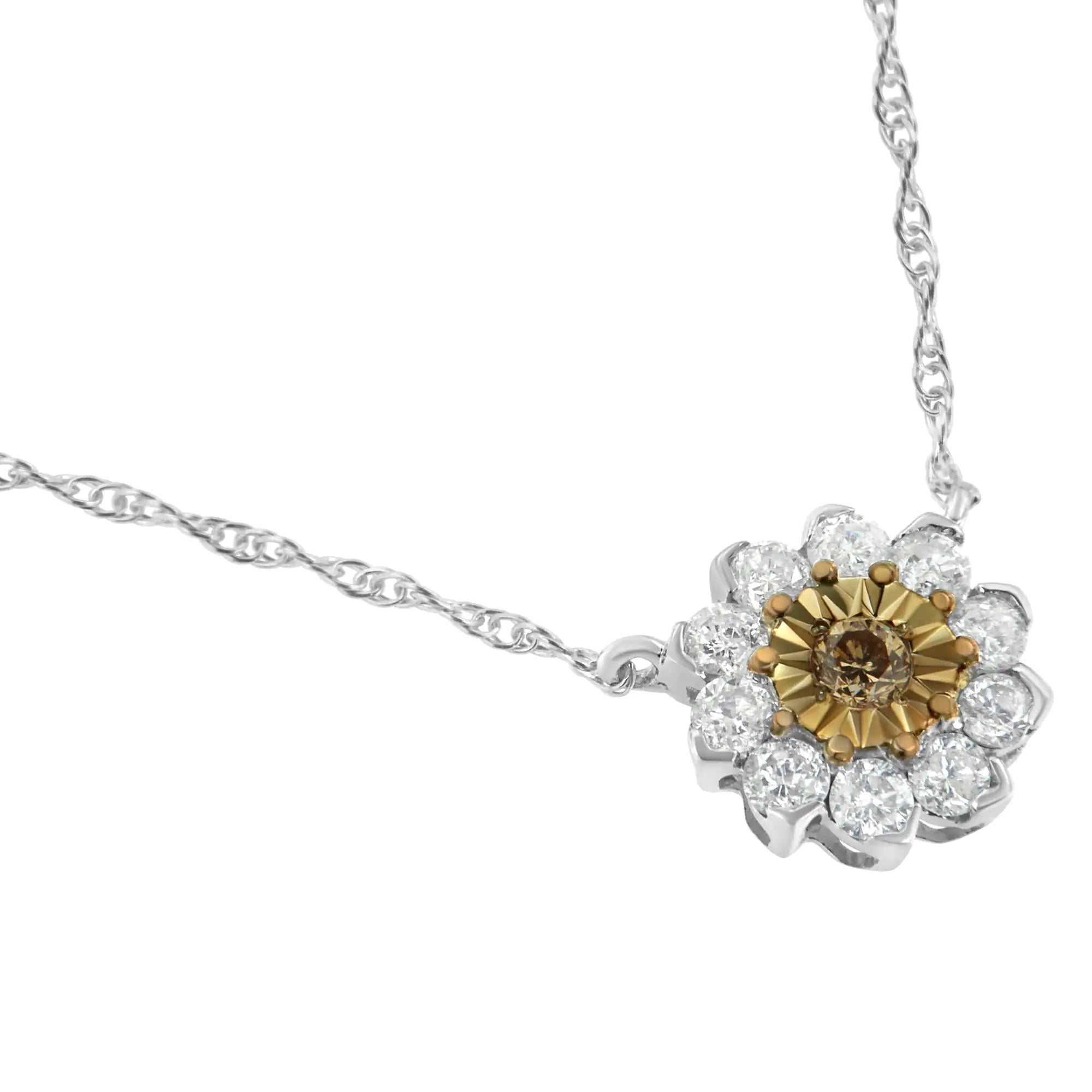 Brown Rhodium over .925 Sterling Silver 1/2 Cttw Diamond Miracle Plate Flower Cluster 18&quot; Pendant Necklace (Champagne and I-J Color, I1-I2 Clarity)