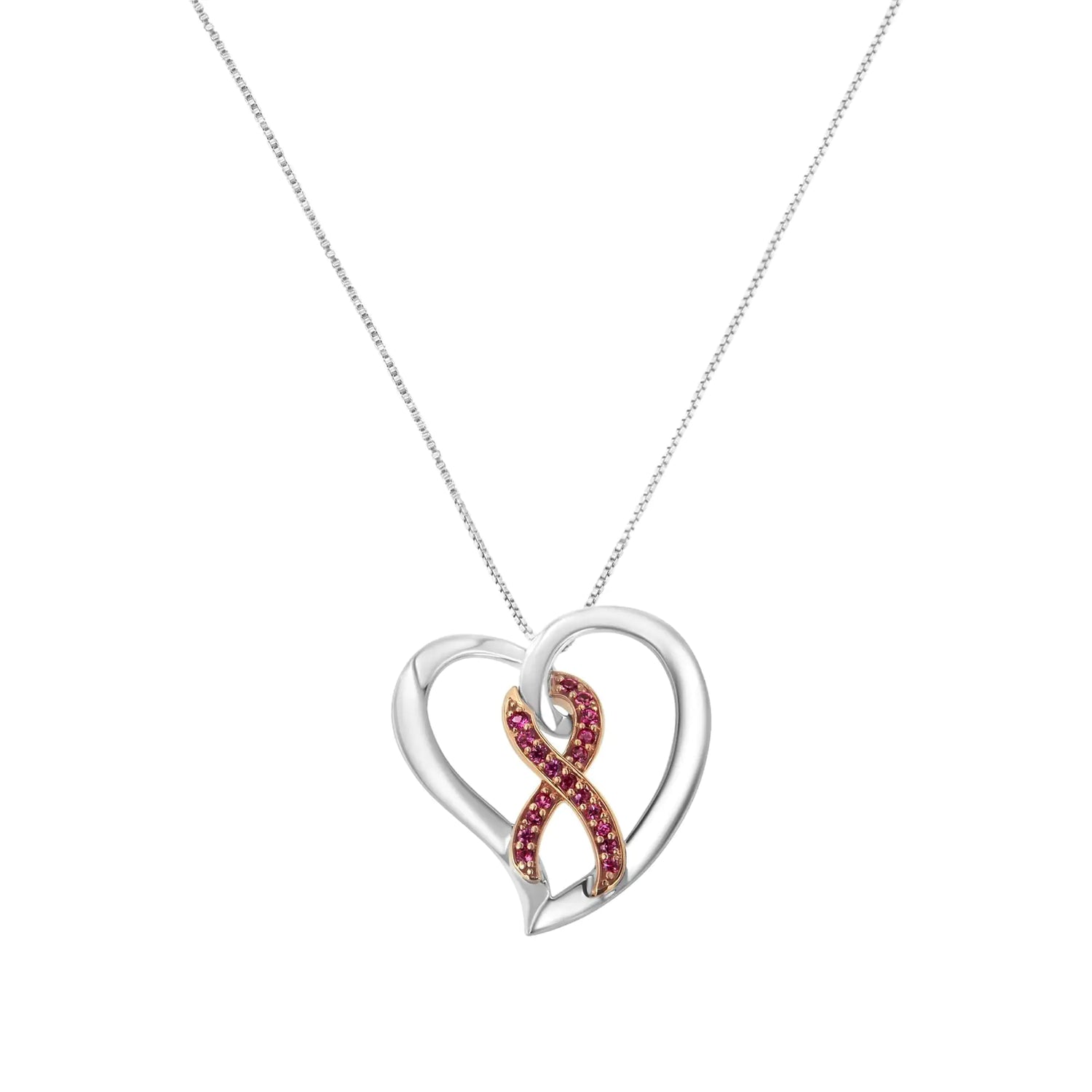 14KT Rose Gold and Sterling Silver Heart Pendant Necklace with Created Pink Sapphires