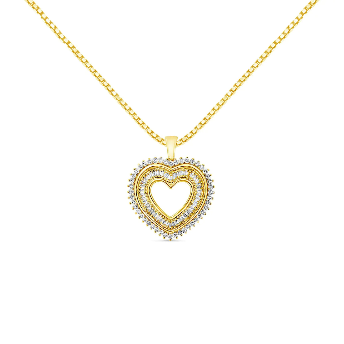 14K Yellow Gold Plated .925 Sterling Silver 1.0 Cttw Round and Baguette-Cut Diamond Composite Hearth 18&quot; Pendant Necklace (I-J Color, I1-I2 Clarity)