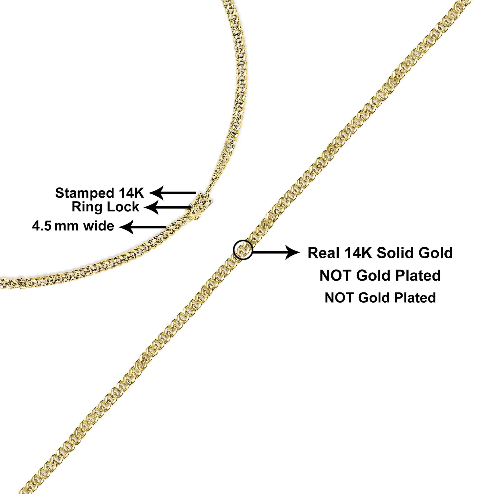 Semi-Solid 14K Yellow Gold 4.5mm Miami Cuban Chain Necklace - Unisex Chain