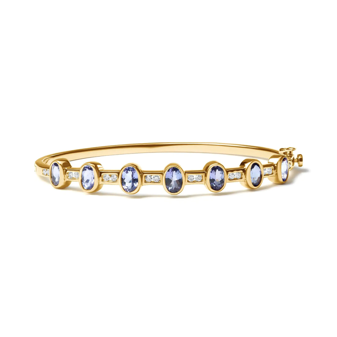 14K Yellow Gold 1/3 Cttw Round-Cut Diamond and 5MM Oval-Cut Blue Tanzanite Gemstone Bangle Bracelet (H-I Color, I1-I2 Clarity) - Size 7&quot; Inches