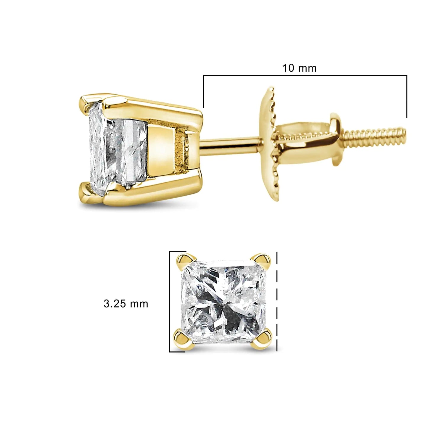 14K Yellow Gold 1/2 Cttw Princess Cut Diamond Solitaire Stud Earrings with Screwbacks (I-J Color, SI2-I1 Clarity)