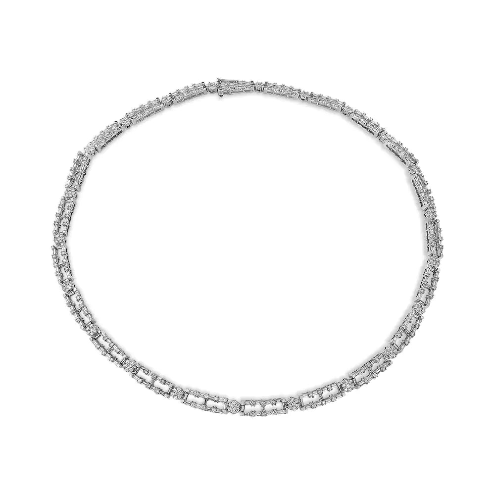 AGS Certified 14K White Gold 8 1/2 Cttw Diamond Alternating Bar and Floral Cluster Link 18&quot; Choker Necklace (G-H Color, SI2-I1 Clarity)