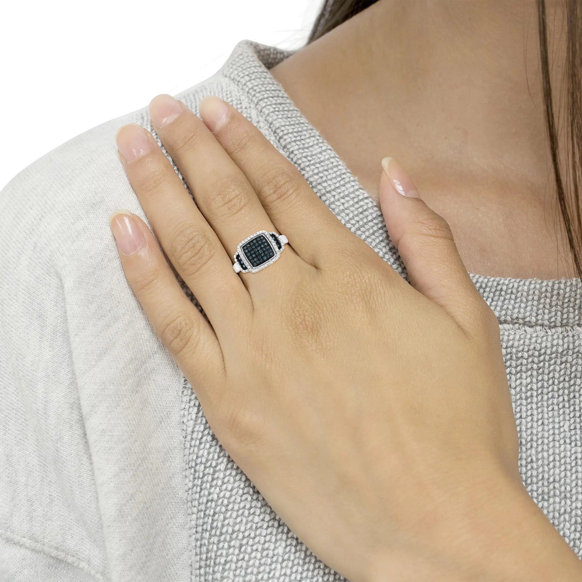 Black Rhodium Plated .925 Sterling Silver 1/2 Cttw White &amp; Blue Diamond Square Halo Cocktail Ring (Fancy Blue &amp; H-I Color, I2-I3 Clarity)