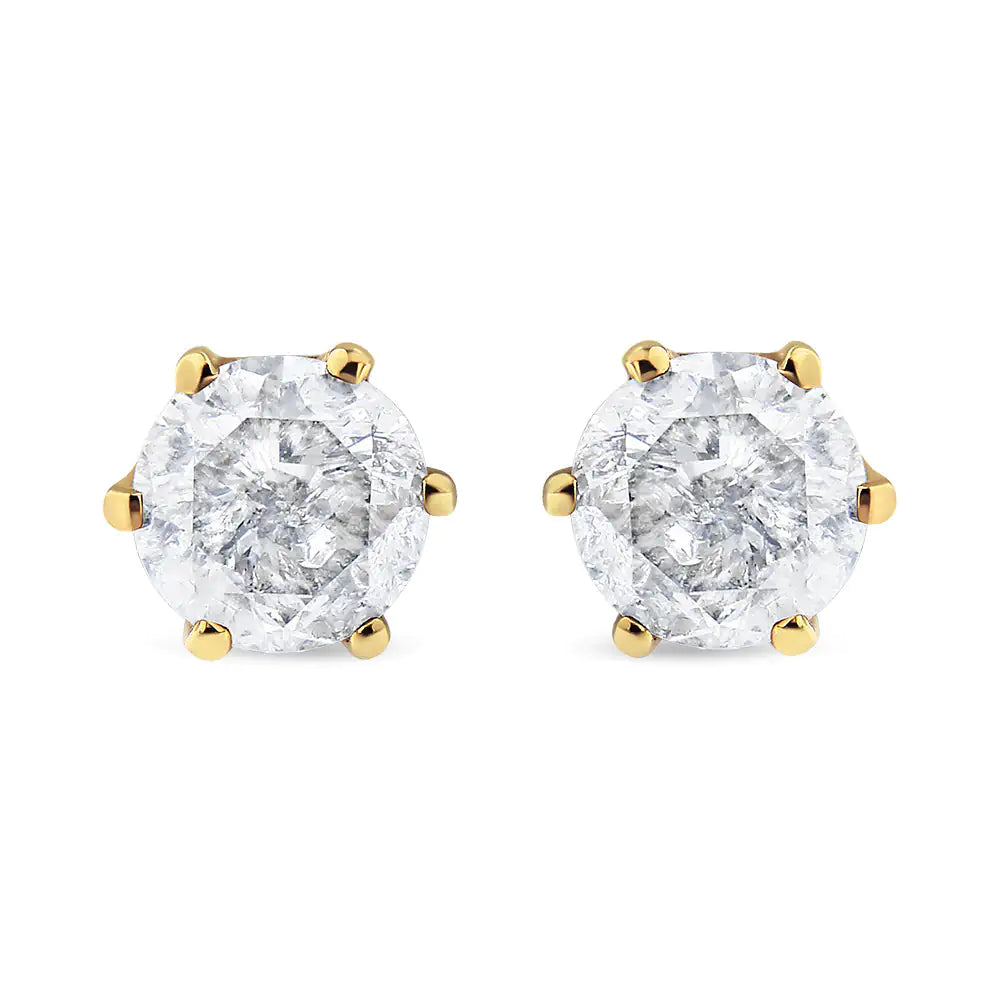 AGS Certified 2.00 Cttw Round Brilliant-Cut Diamond 14K Yellow Gold 6-Prong-Set Solitaire Stud Earrings with Screw Backs (J-K Color, I1-I2 Clarity)