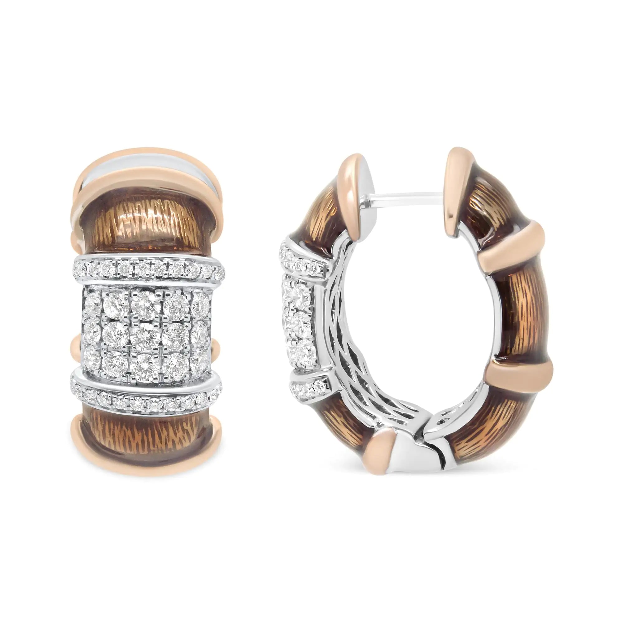 18K White and Rose Gold Flash Plated .925 Sterling Silver Clear Brown Enamel 1/6 Cttw Round Diamond Huggie Hoop Earrings (F-G Color, VS1-VS2 Clarity)