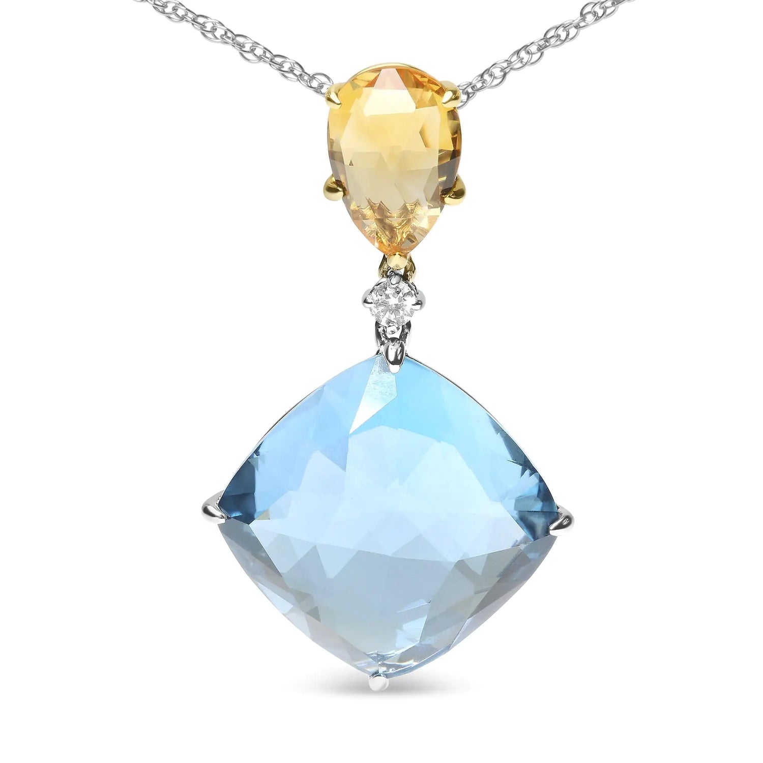 18K White and Yellow Gold Diamond Accent and Yellow Citrine and Sky Blue Topaz Gemstone Dangle Drop 18&quot; Pendant Necklace (G-H Color, SI1-SI2 Clarity)