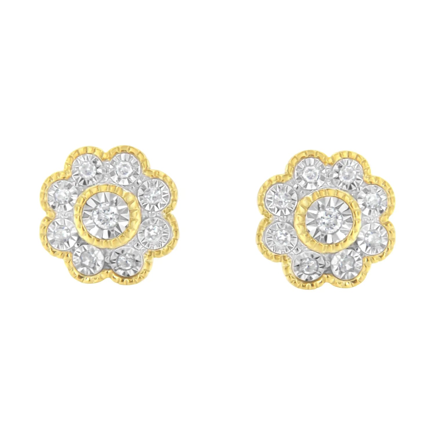 14K Yellow Gold Plated .925 Sterling Silver 1/6 Cttw Miracle-Plate Set Diamond Floral Stud Earrings (I-J Color, I2-I3 Clarity)