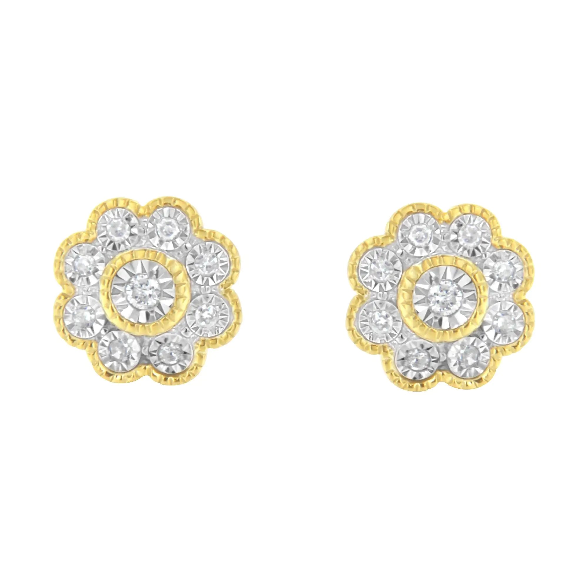 14K Yellow Gold Plated .925 Sterling Silver 1/6 Cttw Miracle-Plate Set Diamond Floral Stud Earrings (I-J Color, I2-I3 Clarity)