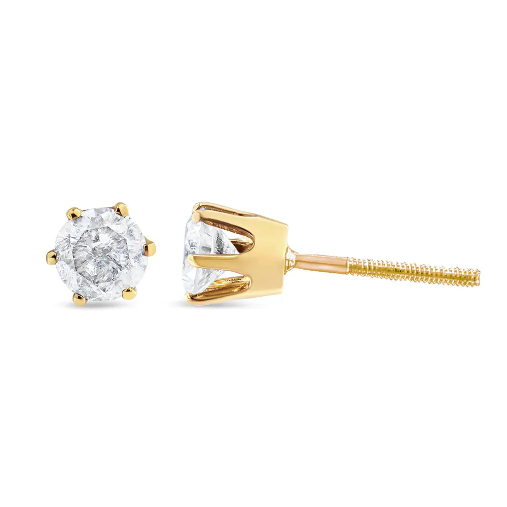 AGS Certified 2.00 Cttw Round Brilliant-Cut Diamond 14K Yellow Gold 6-Prong-Set Solitaire Stud Earrings with Screw Backs (J-K Color, I1-I2 Clarity)