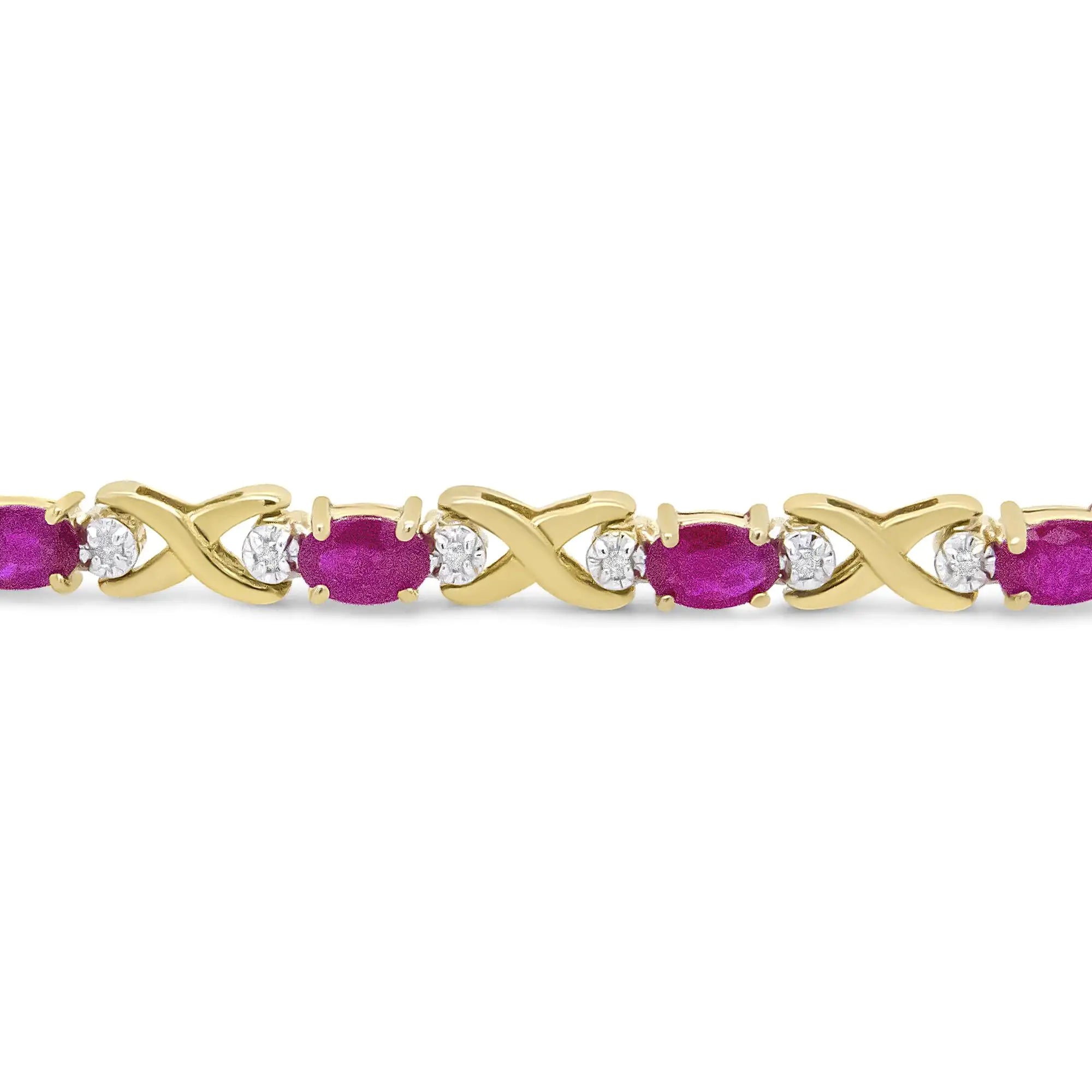 14K Yellow Gold 1/4 Cttw Diamond and Oval Red Ruby Alternating X Link Bracelet (I-J Color, I3 Clarity)