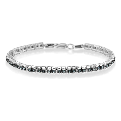 Black Rhodium over .925 Sterling Silver 1.0 Cttw Rose Cut Diamond Double-Link 7&quot; Tennis Bracelet (Blue Color, I1-I2 Clarity)