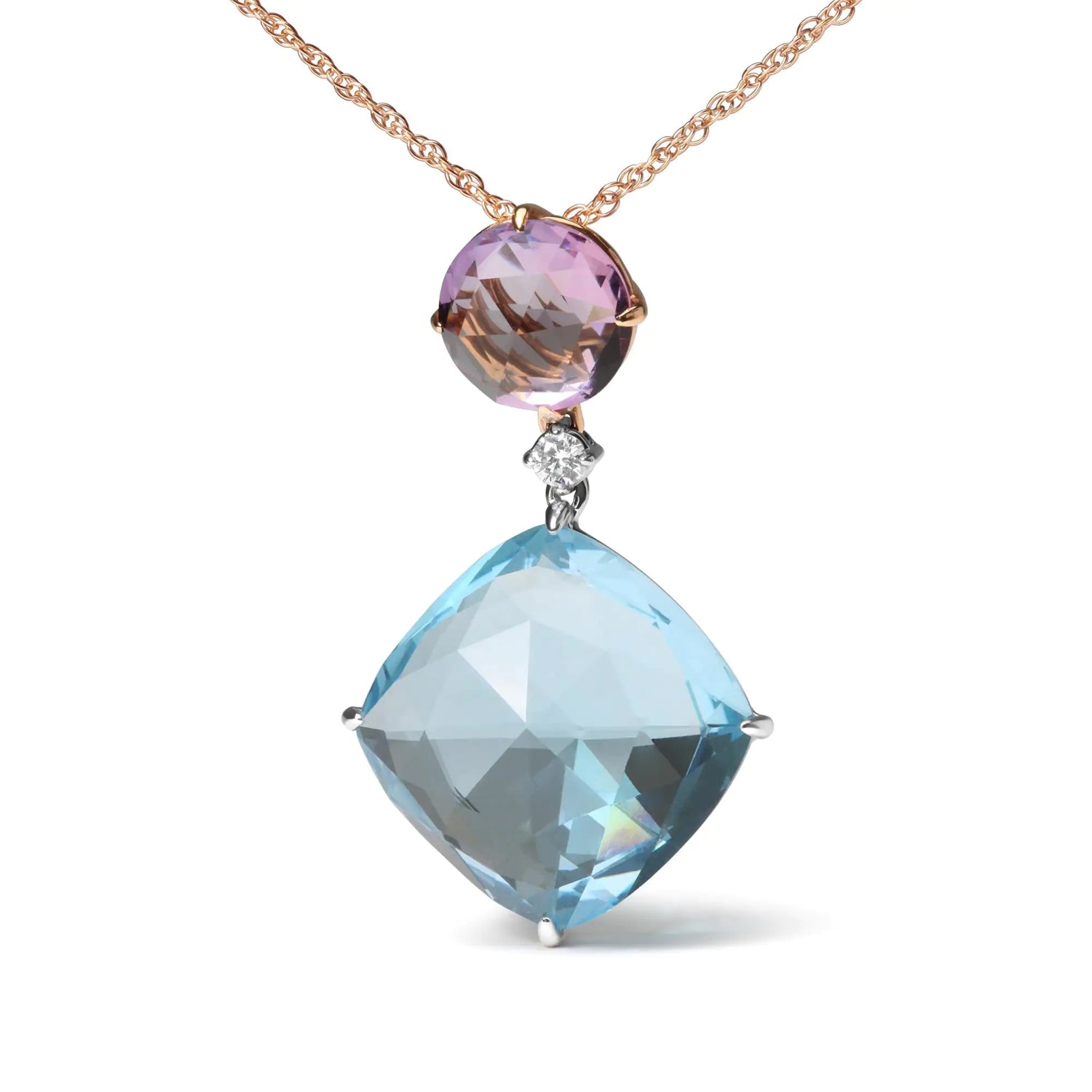 18K White and Rose Gold Round Diamond Accent and Round Rose De France Pink Amethyst and Cushion Cut Sky Blue Topaz Dangle Drop 18&quot; Pendant Necklace (G-H Color, SI1-SI2 Clarity)