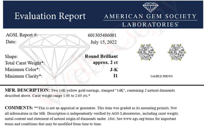 AGS Certified 2.00 Cttw Round Brilliant-Cut Diamond 14K Yellow Gold 6-Prong-Set Solitaire Stud Earrings with Screw Backs (J-K Color, I1-I2 Clarity)