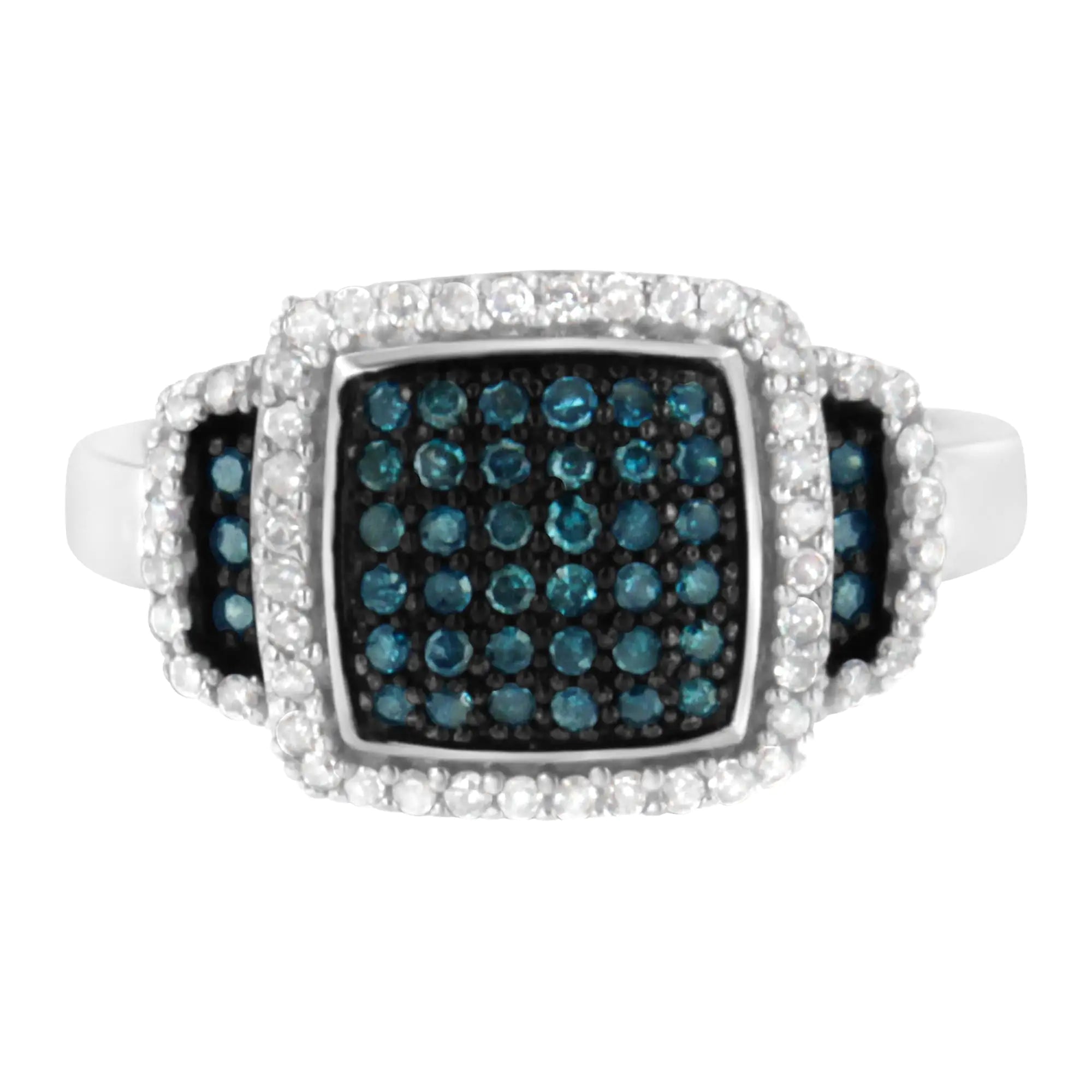 Black Rhodium Plated .925 Sterling Silver 1/2 Cttw White &amp; Blue Diamond Square Halo Cocktail Ring (Fancy Blue &amp; H-I Color, I2-I3 Clarity)