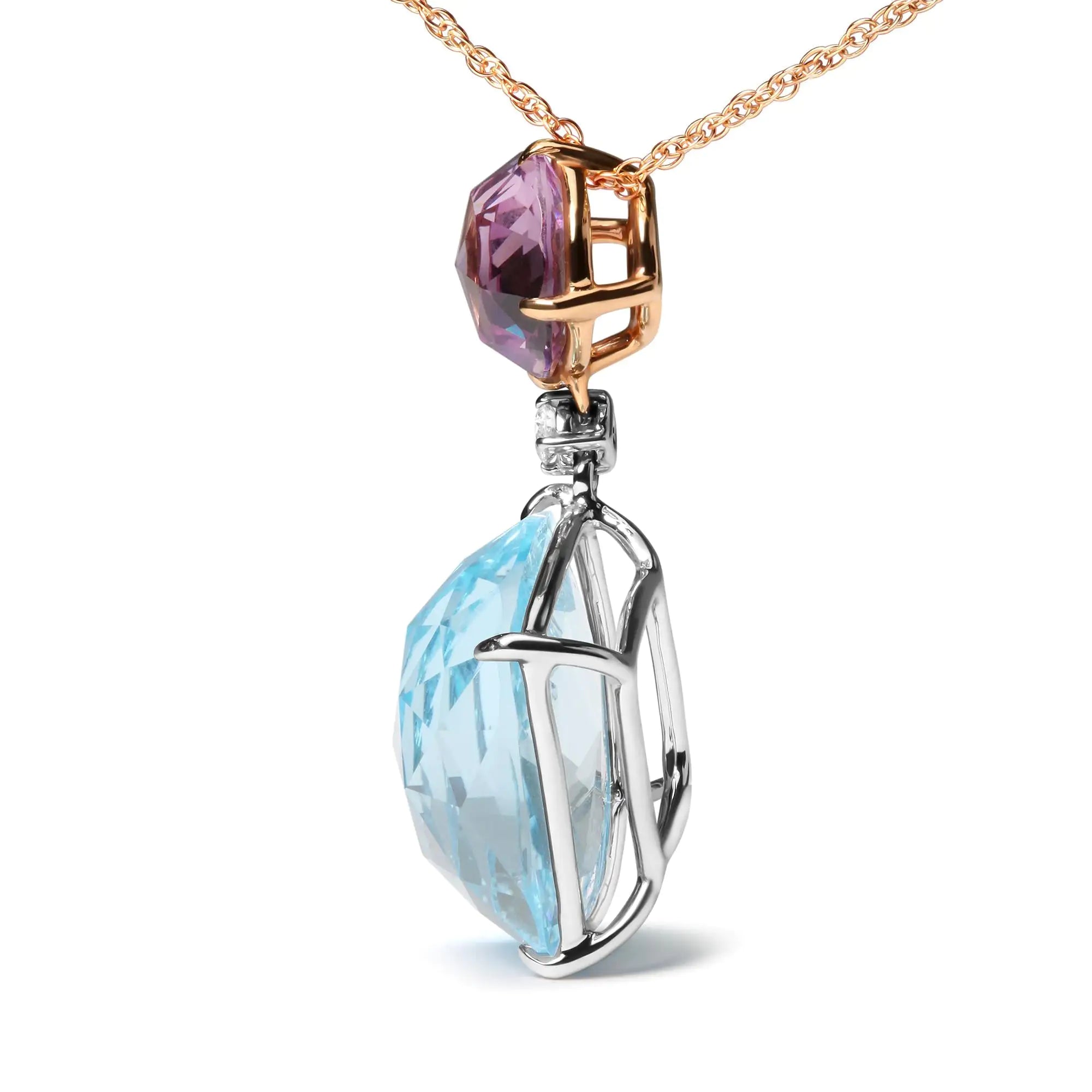 18K White and Rose Gold Round Diamond Accent and Round Rose De France Pink Amethyst and Cushion Cut Sky Blue Topaz Dangle Drop 18&quot; Pendant Necklace (G-H Color, SI1-SI2 Clarity)