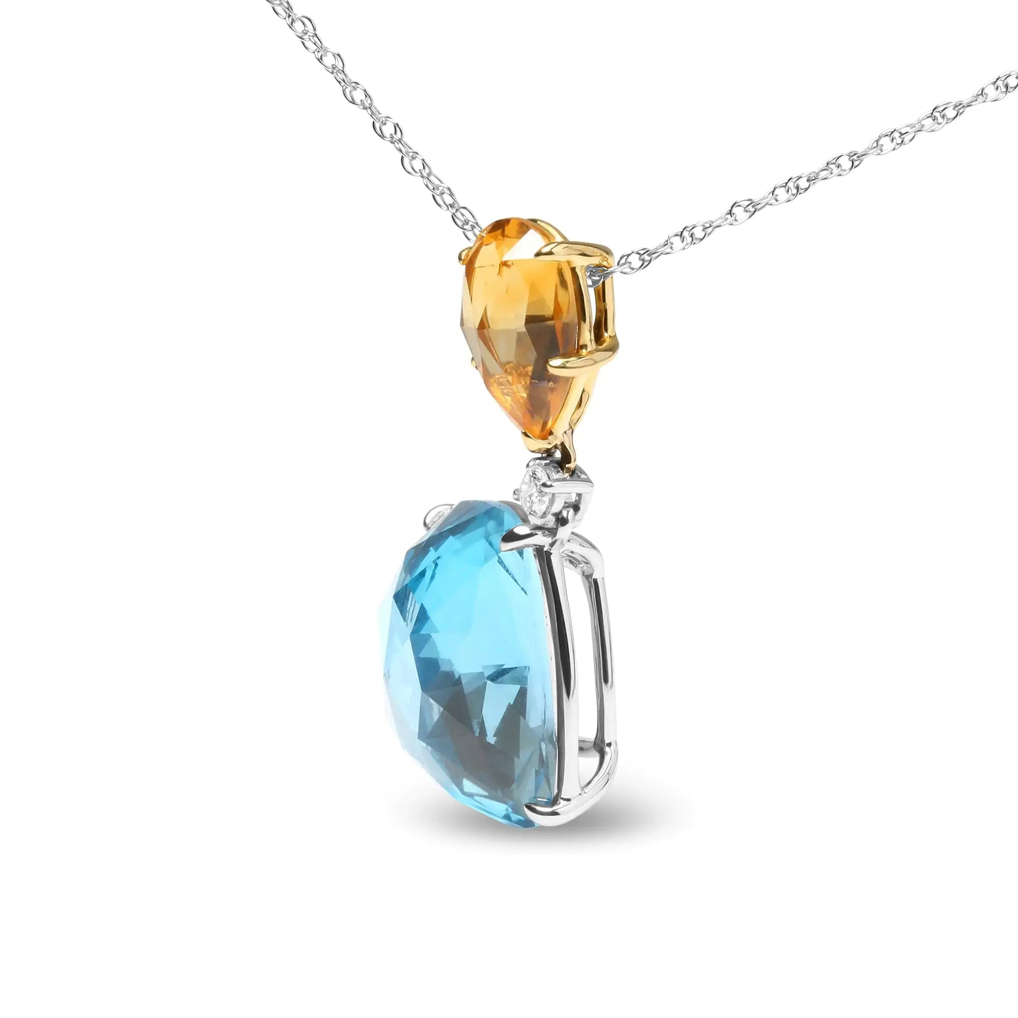 18K White and Yellow Gold Diamond Accent and Yellow Citrine and Sky Blue Topaz Gemstone Dangle Drop 18&quot; Pendant Necklace (G-H Color, SI1-SI2 Clarity)