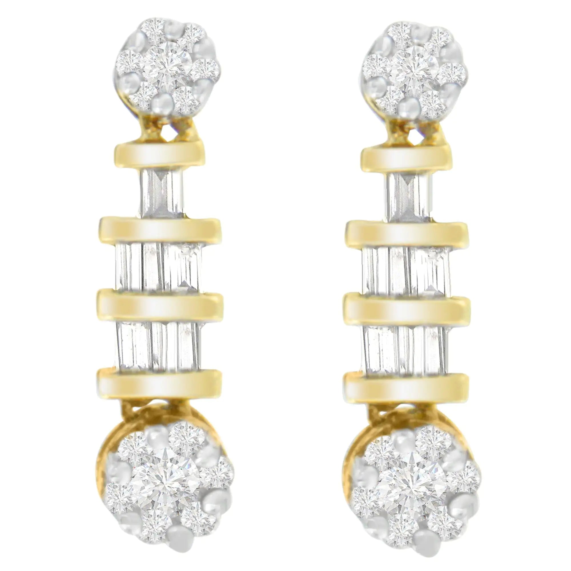 14K Yellow Gold 3/4ct. TDW Round and Baguette-cut Diamond Earrings(H-I,SI1-SI2)